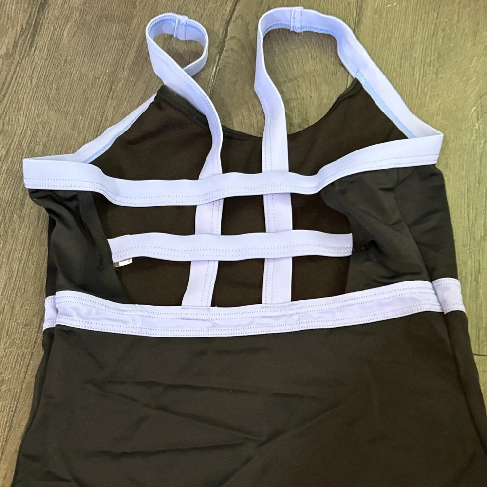 Balera Black One-Piece Leotard with Light Blue Trim Strappy back adult small - Picture 2 of 5